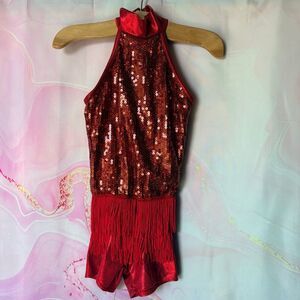 Weissman 9034 SC Red Fringe Sequin Romper Jazz Tap Acro Twirler Dance Costume